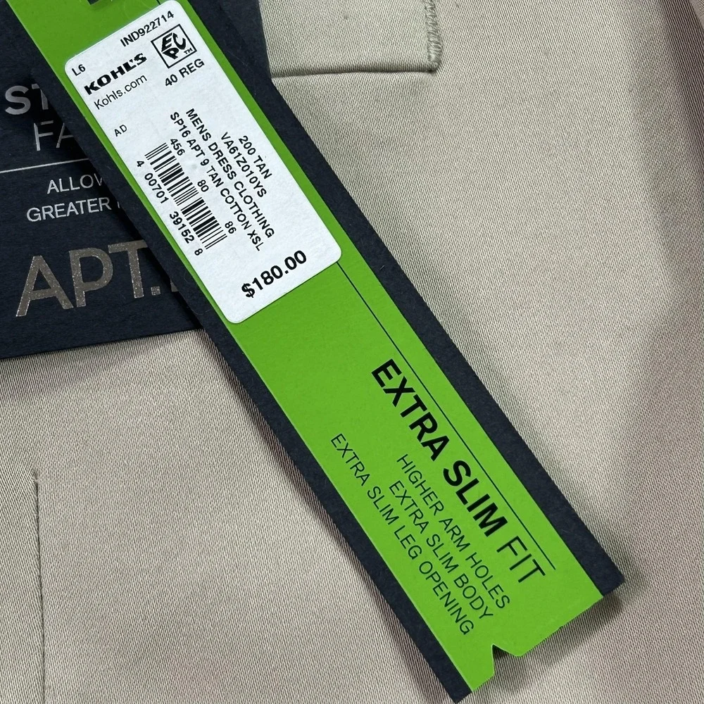 NEW Apt 9 Suit Jacket‎ Mens 40 Beige Cotton Poly Stretch Extra Slim Fit